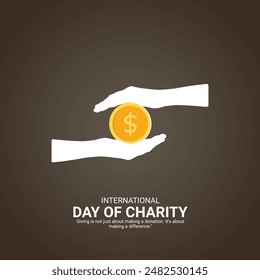 International Charity Day Creative Ads Design. Charity, donation, coin icon isolated on Template for background. Charity Poster, vector, 3d, illustration, September 5. Important day, Holiday concept.