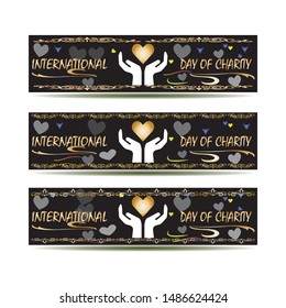 International Charity Day poster or banner design with illustration of hands holding heart on black background.