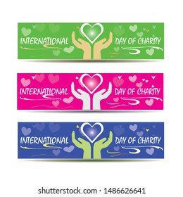 International Charity Day poster or banner design with illustration of hands holding heart on colorful background.