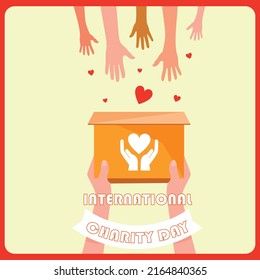 International Charity Day Vector Background With Hands, Hearts And Charity Box. World Charity Day Vector Background And Logo. Healthcare Organization Vector.