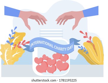 International Charity Day vector concept: pair of unidentified hands dropping hearts into the glass jar