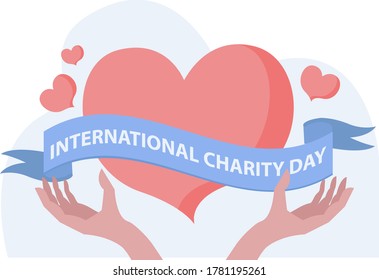 International Charity Day vector concept: unidentified hands holding heart icon with International Charity Day ribbon