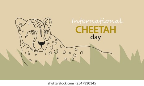 Banner internacional do dia da chita. Retrato de guepardo de perto. Projeto de arte de linha. Jaguar ou chita linear isolado em fundo branco. Ilustração de vetor de linha contínua