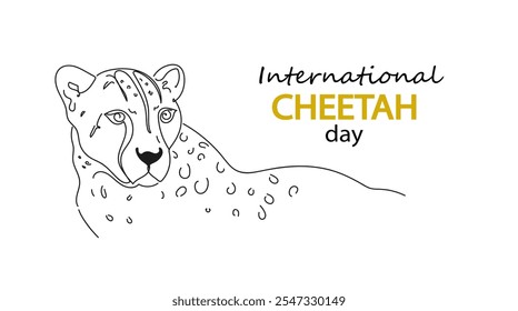 Banner internacional do dia da chita. Retrato de guepardo de perto. Projeto de arte de linha. Jaguar ou chita linear isolado em fundo branco. Ilustração de vetor de linha contínua