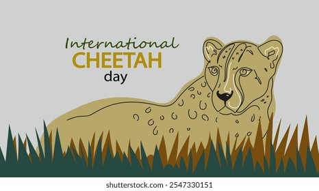 Banner internacional do dia da chita. Retrato de guepardo de perto. Projeto de arte de linha. Jaguar ou chita linear isolado em fundo branco. Ilustração de vetor de linha contínua