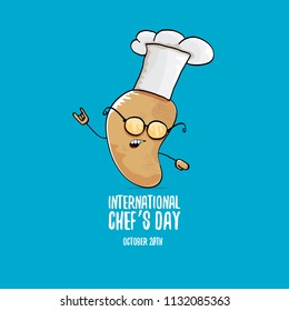 International chef day greeting card. vector funny cartoon tiny brown smiling chef potato with hat isolated on blue background. 