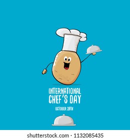 International chef day greeting card. vector funny cartoon tiny brown smiling chef potato with hat isolated on blue background. 