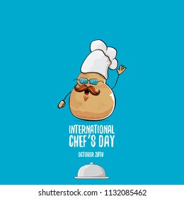 International chef day greeting card. vector funny cartoon tiny brown smiling chef potato with hat isolated on blue background. 