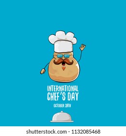 International chef day greeting card. vector funny cartoon tiny brown smiling chef potato with hat isolated on blue background. 