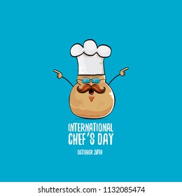 International chef day greeting card. vector funny cartoon tiny brown smiling chef potato with hat isolated on blue background. 
