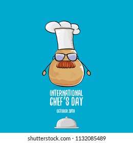 International chef day greeting card. vector funny cartoon tiny brown smiling chef potato with hat isolated on blue background. 