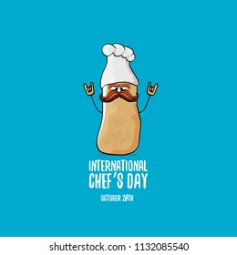 International chef day greeting card. vector funny cartoon tiny brown smiling chef potato with hat isolated on blue background. 