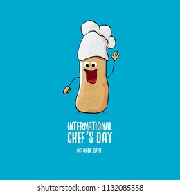 International chef day greeting card. vector funny cartoon tiny brown smiling chef potato with hat isolated on blue background. 