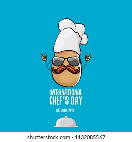 International chef day greeting card. vector funny cartoon tiny brown smiling chef potato with hat isolated on blue background. 