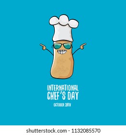 International chef day greeting card. vector funny cartoon tiny brown smiling chef potato with hat isolated on blue background. 