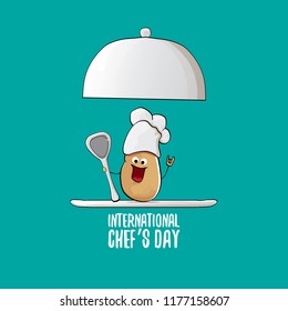International chef day greeting card. vector funny cartoon tiny brown smiling chef potato with hat isolated on azure background.