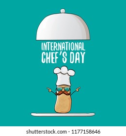International chef day greeting card. vector funny cartoon tiny brown smiling chef potato with hat isolated on azure background.