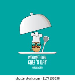 International chef day greeting card. vector funny cartoon tiny brown smiling chef potato with hat isolated on azure background.