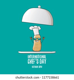 International chef day greeting card. vector funny cartoon tiny brown smiling chef potato with hat isolated on azure background.