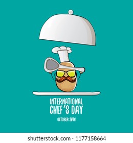 International chef day greeting card. vector funny cartoon tiny brown smiling chef potato with hat isolated on azure background.