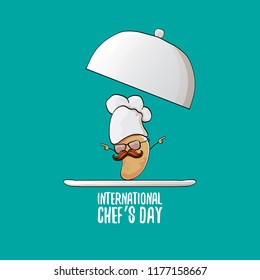 International chef day greeting card. vector funny cartoon tiny brown smiling chef potato with hat isolated on azure background.