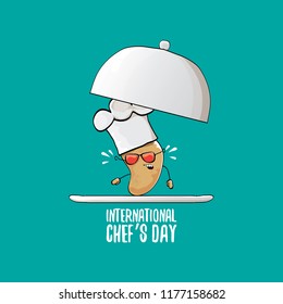 International chef day greeting card. vector funny cartoon tiny brown smiling chef potato with hat isolated on azure background.
