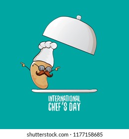 International chef day greeting card. vector funny cartoon tiny brown smiling chef potato with hat isolated on azure background.