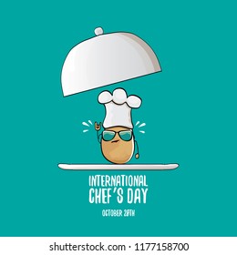 International chef day greeting card. vector funny cartoon tiny brown smiling chef potato with hat isolated on azure background.