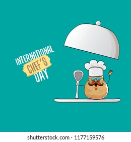 International chef day greeting card. vector funny cartoon tiny brown smiling chef potato with hat isolated on azure background.