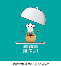 International chef day greeting card. vector funny cartoon tiny brown smiling chef potato with hat isolated on azure background.