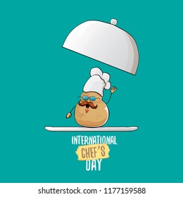 International chef day greeting card. vector funny cartoon tiny brown smiling chef potato with hat isolated on azure background.