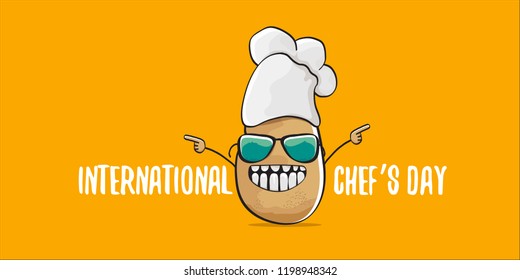 International chef day greeting card or horizontal banner. vector funny cartoon tiny brown smiling chef potato with hat isolated on orange horizontal background.