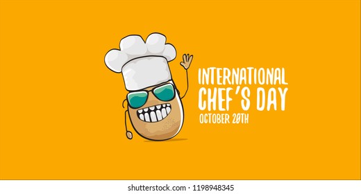 International chef day greeting card or horizontal banner. vector funny cartoon tiny brown smiling chef potato with hat isolated on orange horizontal background.