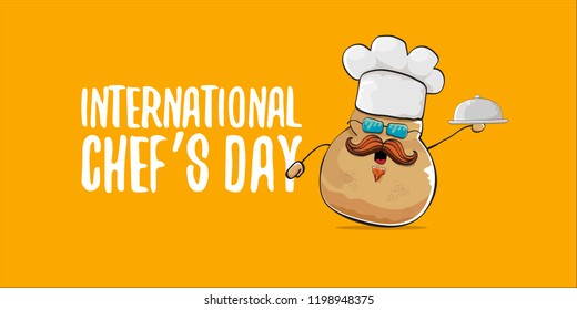 International chef day greeting card or horizontal banner. vector funny cartoon tiny brown smiling chef potato with hat isolated on orange horizontal background.
