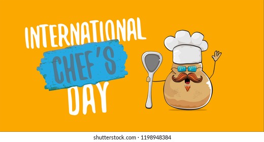 International chef day greeting card or horizontal banner. vector funny cartoon tiny brown smiling chef potato with hat isolated on orange horizontal background.