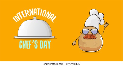 International chef day greeting card or horizontal banner. vector funny cartoon tiny brown smiling chef potato with hat isolated on orange horizontal background.