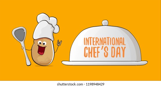 International chef day greeting card or horizontal banner. vector funny cartoon tiny brown smiling chef potato with hat isolated on orange horizontal background.
