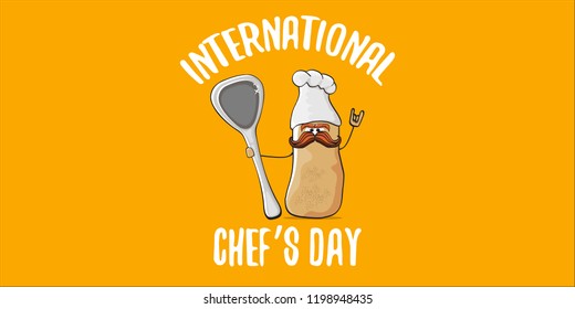 International chef day greeting card or horizontal banner. vector funny cartoon tiny brown smiling chef potato with hat isolated on orange horizontal background.