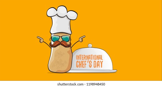 International chef day greeting card or horizontal banner. vector funny cartoon tiny brown smiling chef potato with hat isolated on orange horizontal background.