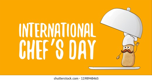 International chef day greeting card or horizontal banner. vector funny cartoon tiny brown smiling chef potato with hat isolated on orange horizontal background.