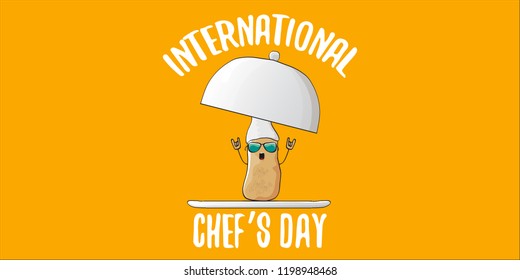 International chef day greeting card or horizontal banner. vector funny cartoon tiny brown smiling chef potato with hat isolated on orange horizontal background.