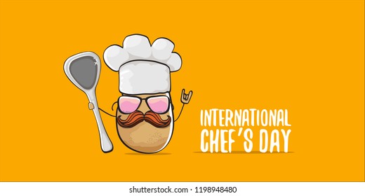 International chef day greeting card or horizontal banner. vector funny cartoon tiny brown smiling chef potato with hat isolated on orange horizontal background.