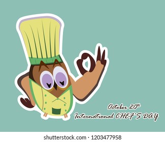 International chef day greeting card. Funny cartoon chef owl with hat on blue background. Vector illustration