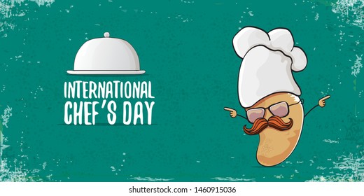 International chef day greeting card or horizontal banner. vector funny cartoon tiny brown smiling chef potato with hat isolated on grunge azure horizontal background.