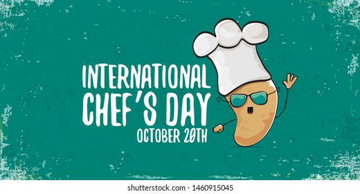 International chef day greeting card or horizontal banner. vector funny cartoon tiny brown smiling chef potato with hat isolated on grunge azure horizontal background.