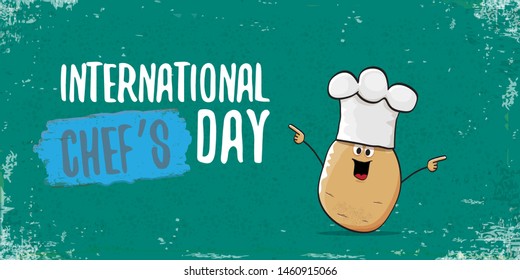 International chef day greeting card or horizontal banner. vector funny cartoon tiny brown smiling chef potato with hat isolated on grunge azure horizontal background.