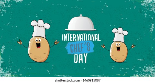 International chef day greeting card or horizontal banner. vector funny cartoon tiny brown smiling chef potato with hat isolated on grunge azure horizontal background.