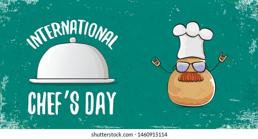 International chef day greeting card or horizontal banner. vector funny cartoon tiny brown smiling chef potato with hat isolated on grunge azure horizontal background.