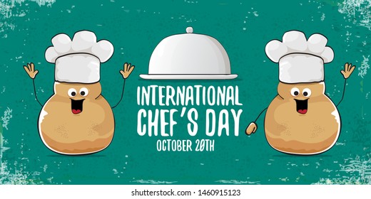 International chef day greeting card or horizontal banner. vector funny cartoon tiny brown smiling chef potato with hat isolated on grunge azure horizontal background.