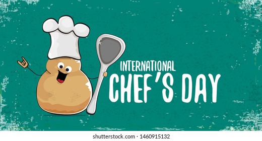 International chef day greeting card or horizontal banner. vector funny cartoon tiny brown smiling chef potato with hat isolated on grunge azure horizontal background.